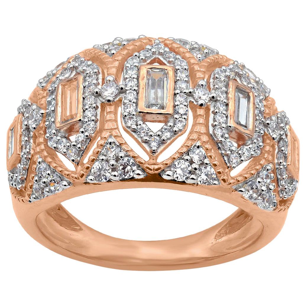 TJD Alianza de boda estilo Art Decó en oro rosa de 14 quilates con diamante redondo y baguette de 1 quilate