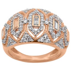 TJD 1 Carat Round and Baguette Diamond 14K Rose Gold Art Deco Style Wedding Band