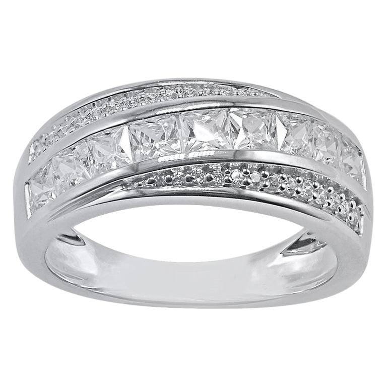 TJD 1.00 Carat Round & Princess Cut 14 White Kt Gold Crossover Wedding Band Ring For Sale