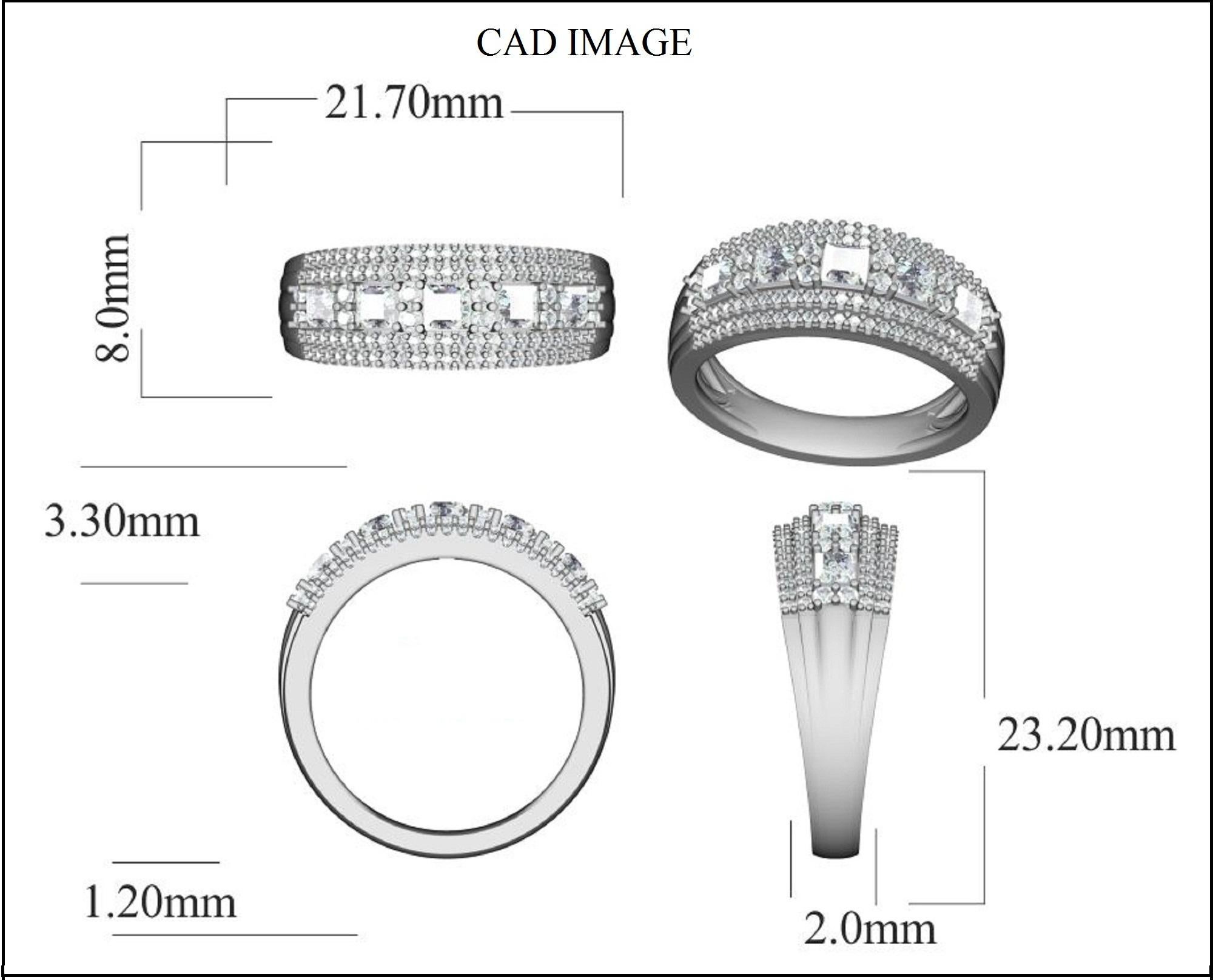 L'alliance à plusieurs rangs de diamants, au design simple mais spectaculaire, est ornée de 104 diamants ronds de taille brillant de 1,0 carat et de 5 diamants de taille princesse sertis sur des griffes et sur des griffes empilables. Poids total des