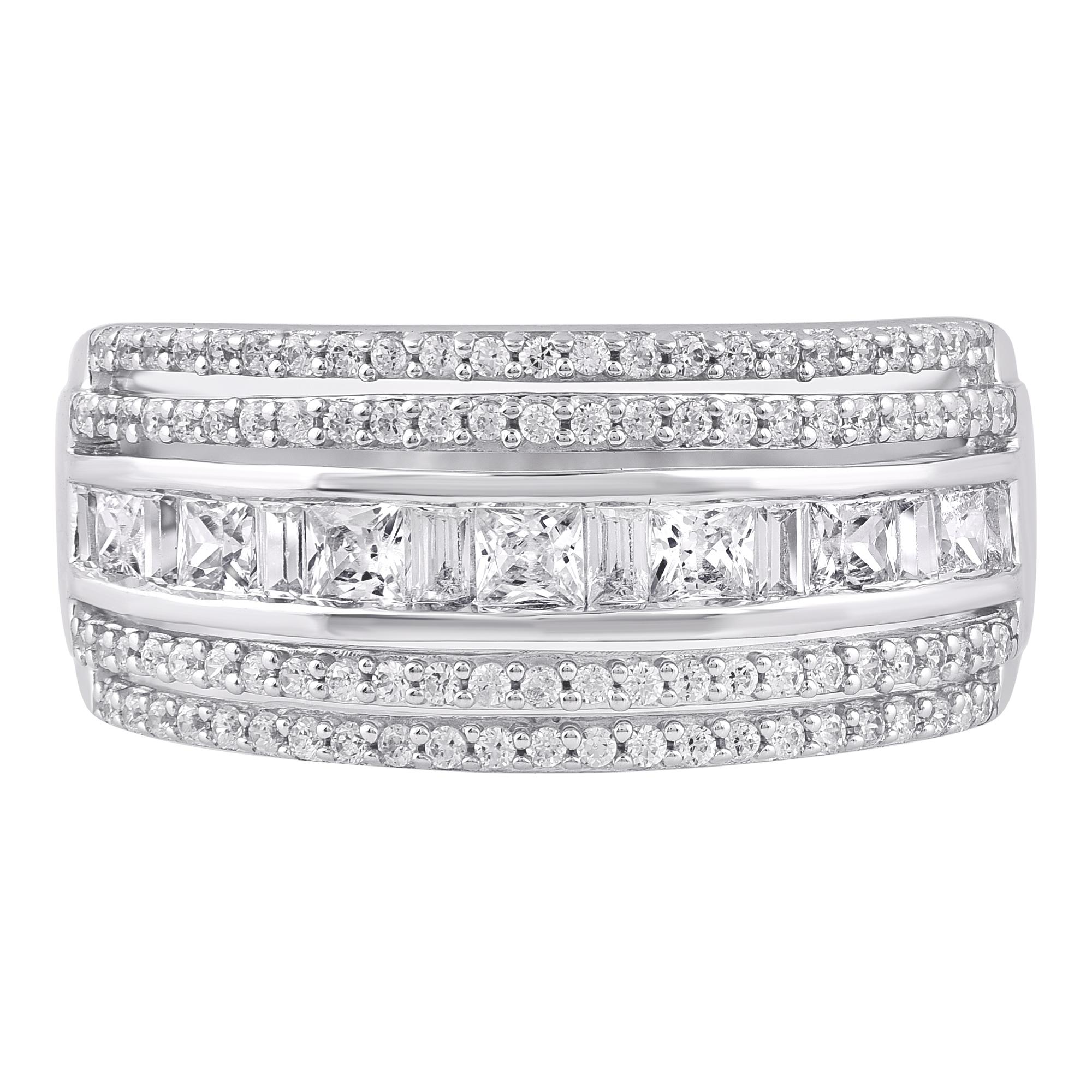 This multi-row  Wide Band Ring is expertly crafted in 14 Karat White Gold and features 96 Round, 8 baguette and 7 princess-cut White diamonds set in channel and prong settings a beautiful design forming a unique pattern. This ring has high polish