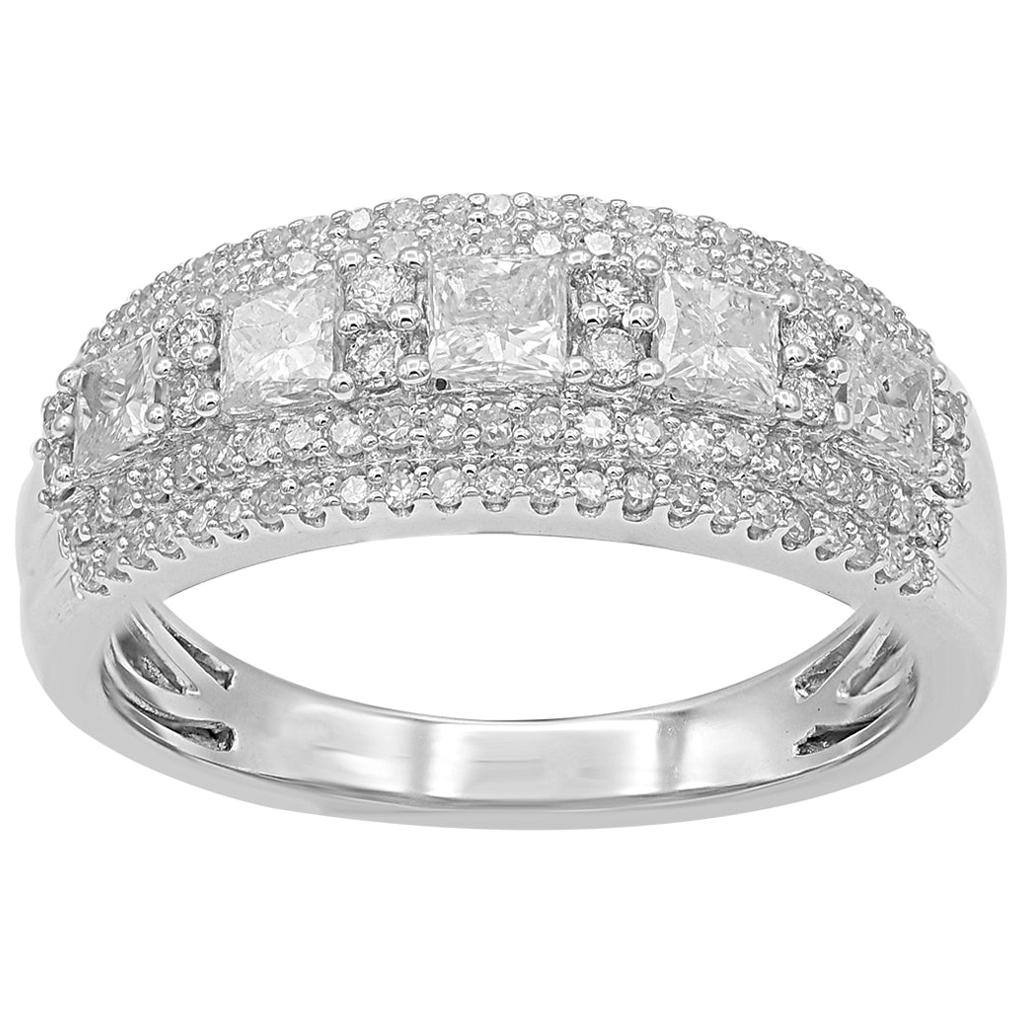 TJD 1 Carat Round and Princess Cut Diamond 14K White Gold Multi-row Wedding Band For Sale