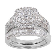 Bague de mariée en or blanc 14 carats sertie d'un diamant rond et baguette de 1 carat TJD