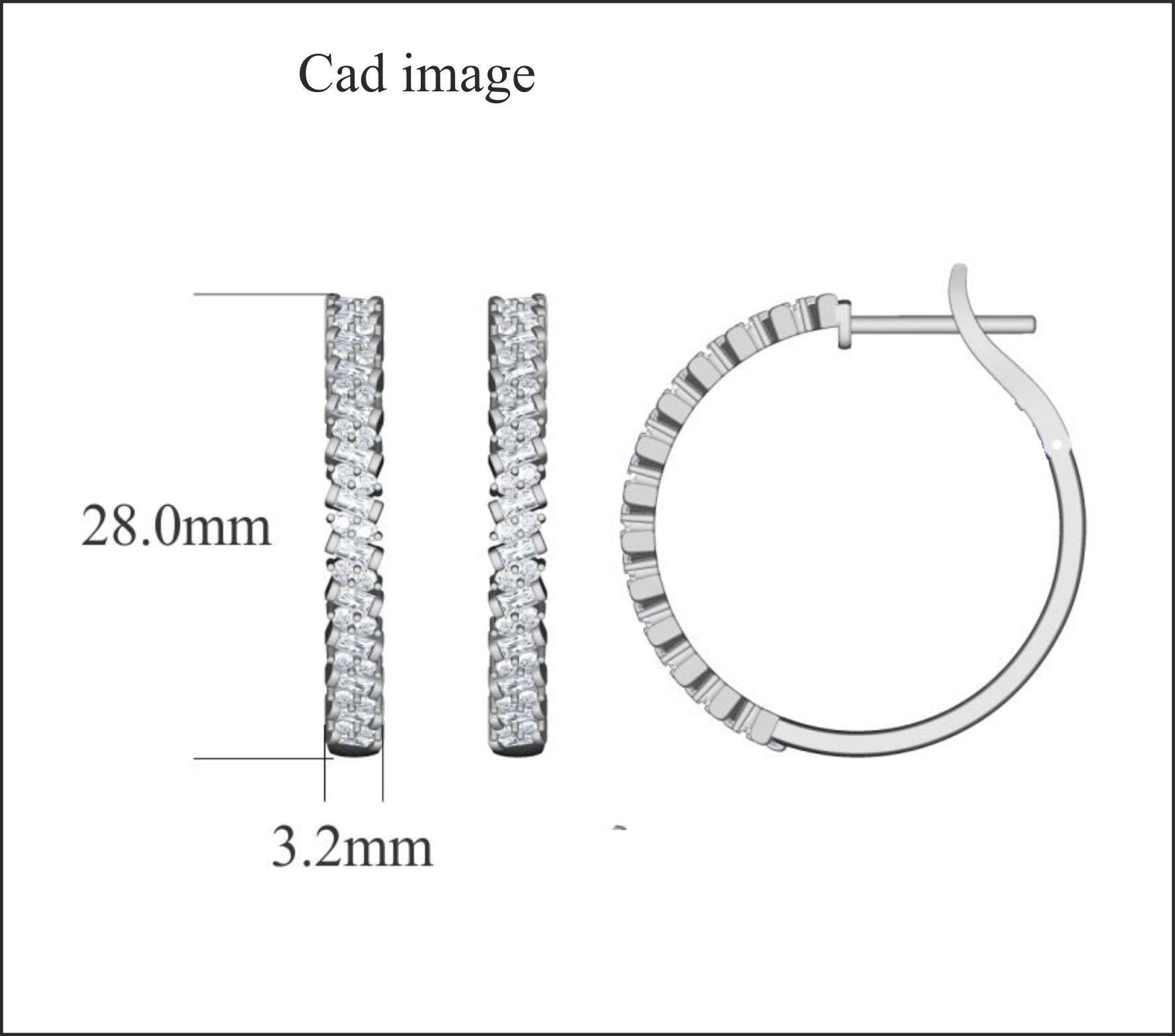 Taille ronde TJD Boucles d'oreilles design en or blanc 14 carats avec diamants ronds et baguettes de 1 carat en vente