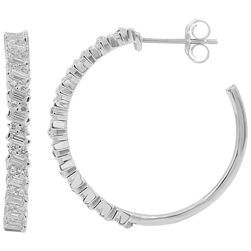 TJD 1 Carat Round & Baguette Diamond 14 Karat White Gold Designer Hoop Earrings For Sale