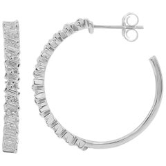 TJD 1 Carat Round & Baguette Diamond 14 Karat White Gold Designer Hoop Earrings