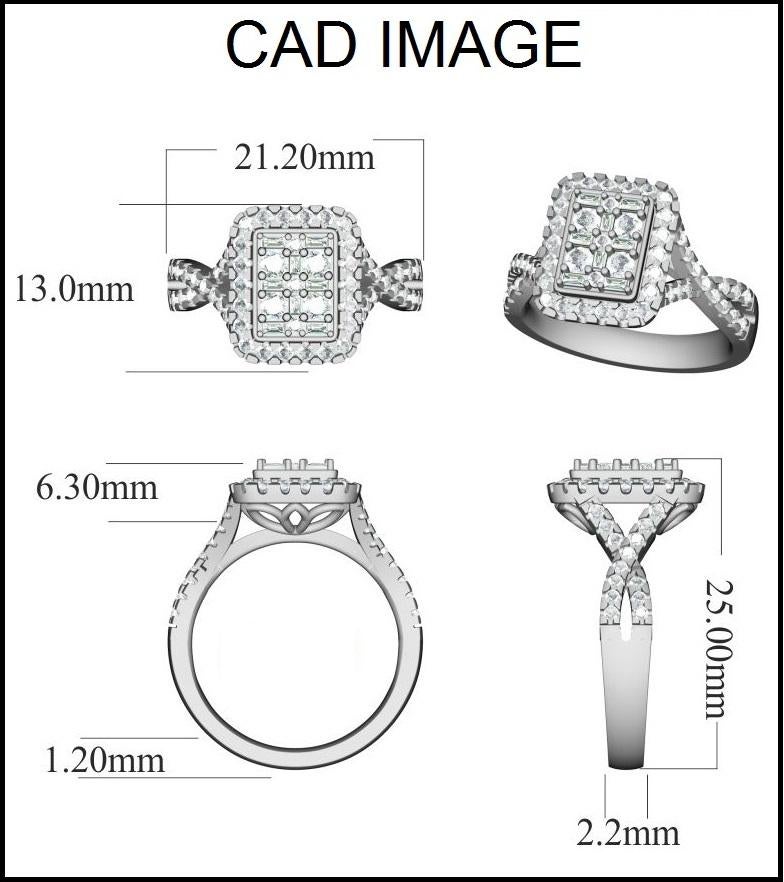 This ring dazzles with diamond and Criss-cross design. Decorated with shimmering 57 round and 8 baguette-cut white diamonds set in micro prong and prong setting. We only use 100% natural and conflict free diamonds which sparkles in H-I color I2