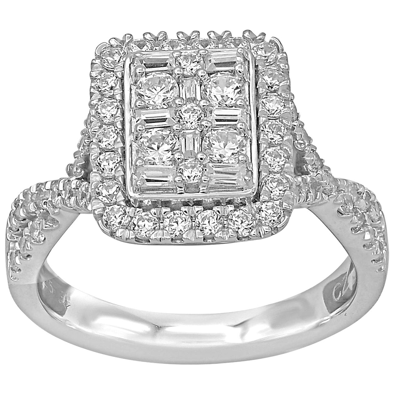 TJD 1.00 Carat Round and Baguette Diamond 14 Karat White Gold Twisted Shank Ring For Sale