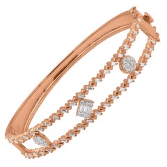 TJD 1 Carat Round/Baguette Diamond 14K Rose Gold Designer Cluster Diamond Bangle