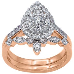 TJD 1 Carat Round & Baguette Diamond 14K Rose Gold Pear Shaped Bridal Set Ring