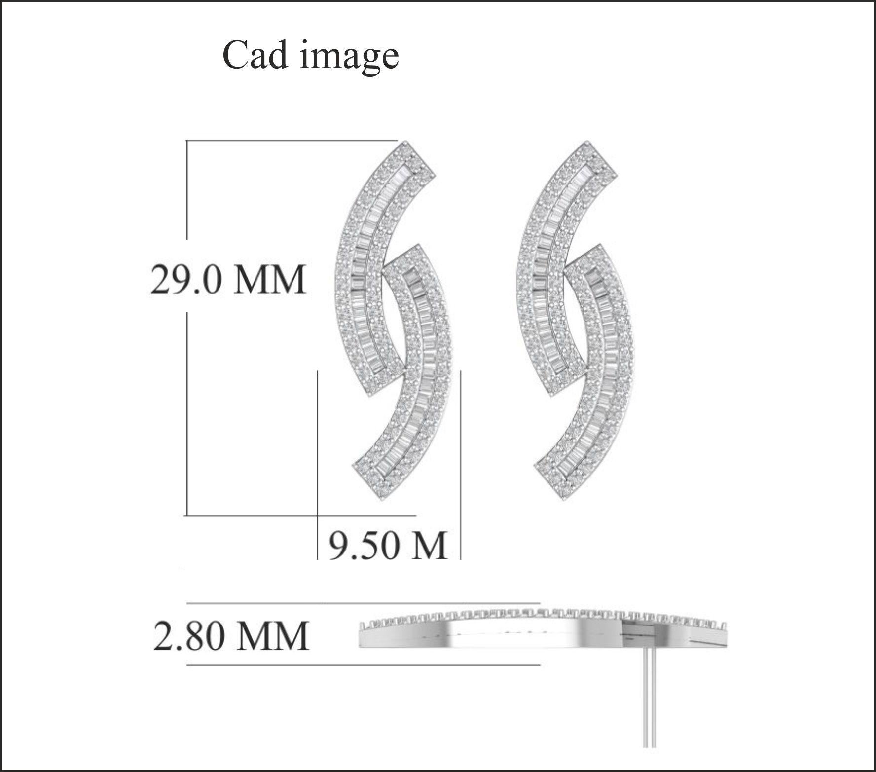 Elegantes y únicos, estos pendientes bumerán de diamantes llamarán la atención. Fabricada por nuestros hábiles artesanos en oro blanco de 14 quilates y acentuada con 140 diamantes redondos y 64 baguettes en engaste de garra y canal, que brillan con