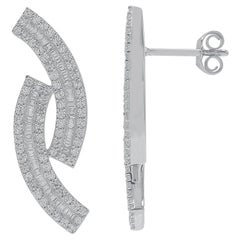 TJD 1 Carat Round 
Baguette Diamond 14K White Gold Designer Boomerang Earrings