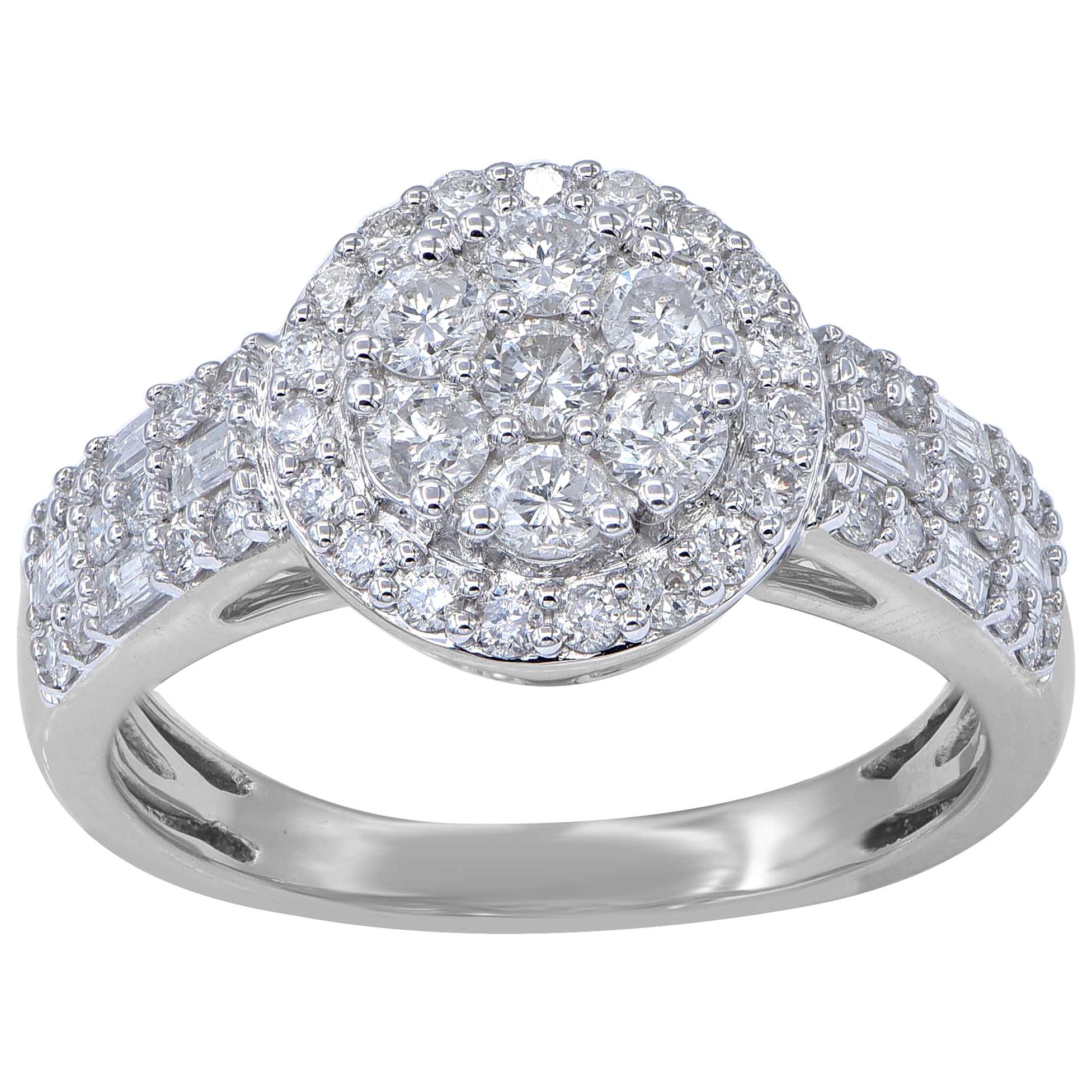 TJD 1 Carat Round & Baguette Diamond 14K White Gold Halo Cluster Engagement Ring For Sale