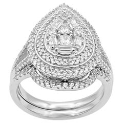 TJD 1 Carat Round & Baguette Diamond 14K White Gold Halo Pear Shaped Bridal Set