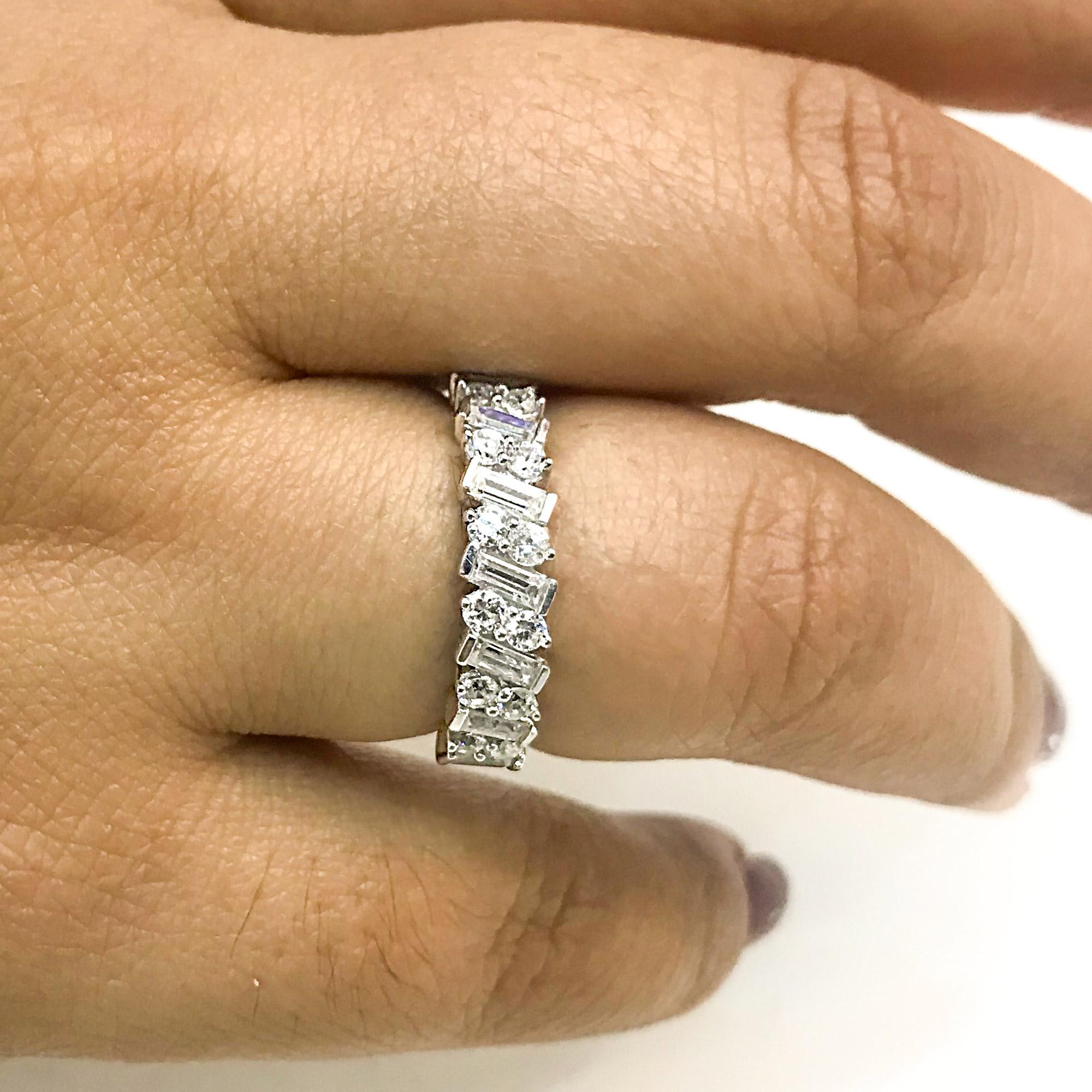 Modern TJD 1 Carat Round & Baguette Diamond 14K White Gold Stackable Half Eternity Band For Sale