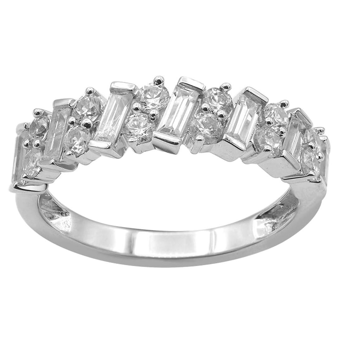 TJD 1 Carat Round & Baguette Diamond 14K White Gold Stackable Half Eternity Band For Sale