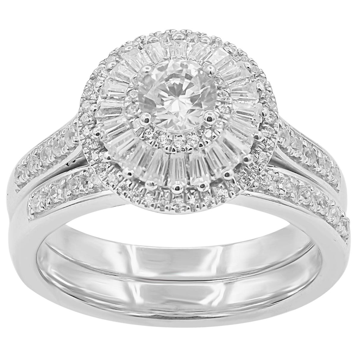 TJD 1 Carat Round & Baguette Diamond 18 Karat White Gold Fashion Halo Bridal Set
