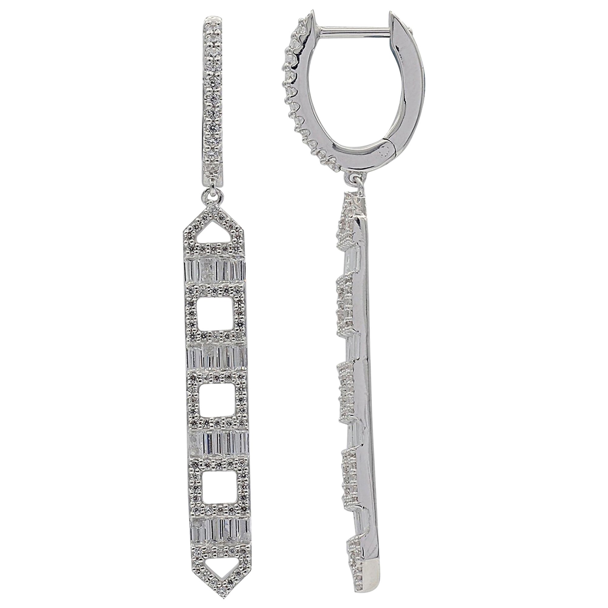 TJD 1 Carat Round 
Baguette Diamond Bar 14 Karat White Gold Hoop Huggie Earings For Sale