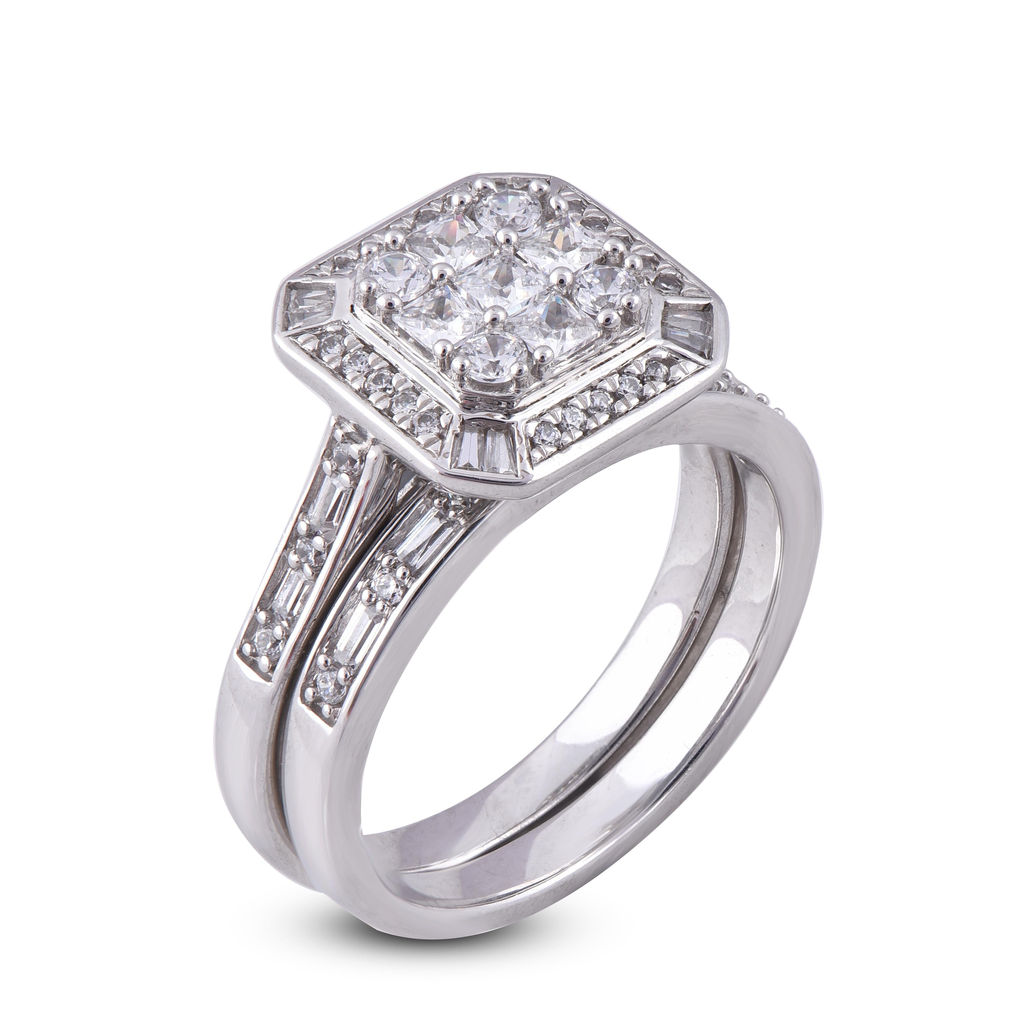 This ring is crafted with 14 karat gold in your choice of white, rose, or yellow, and features 37 round 18 Baguette and 5 princess cut diamonds set in prong, pave and channel setting. H-I color I2 clarity and a high polish finish complete the