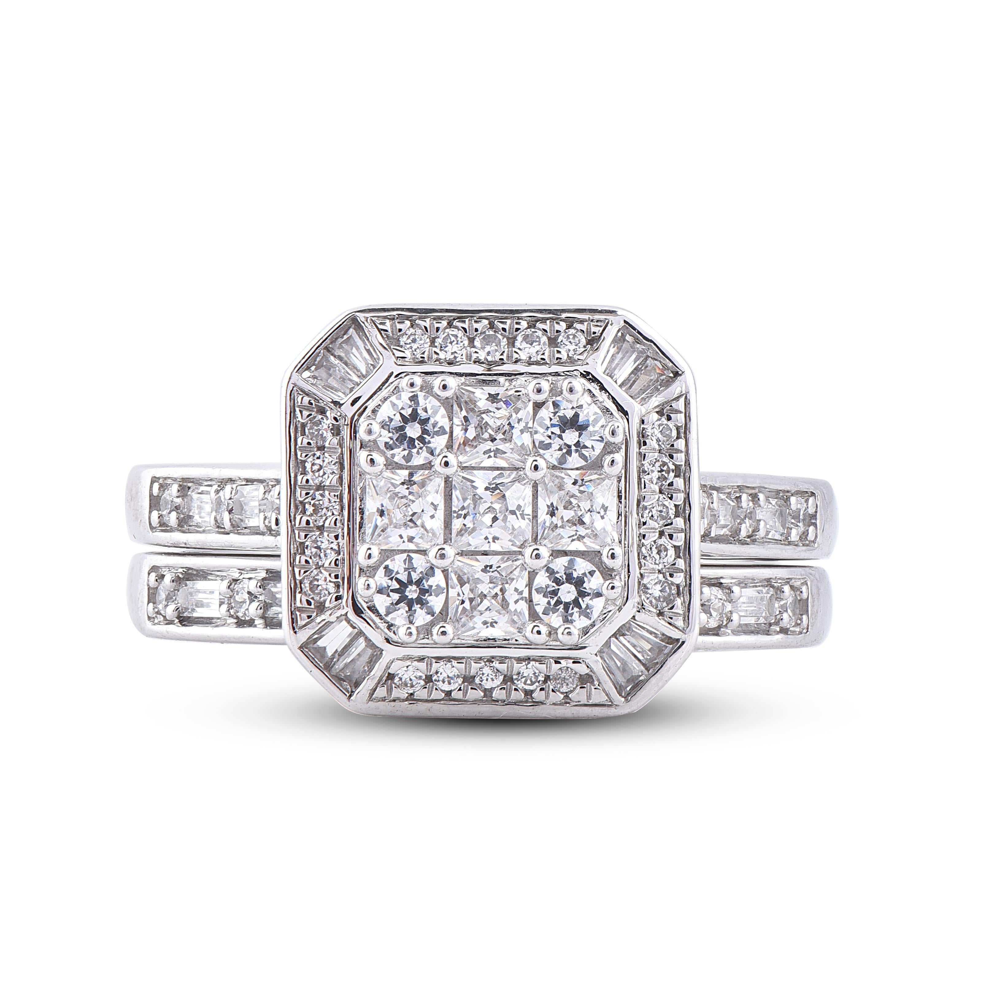Art Deco TJD 1 Carat Round, Baguette & Princess Diamond 14 Karat White Gold Fashion Ring For Sale