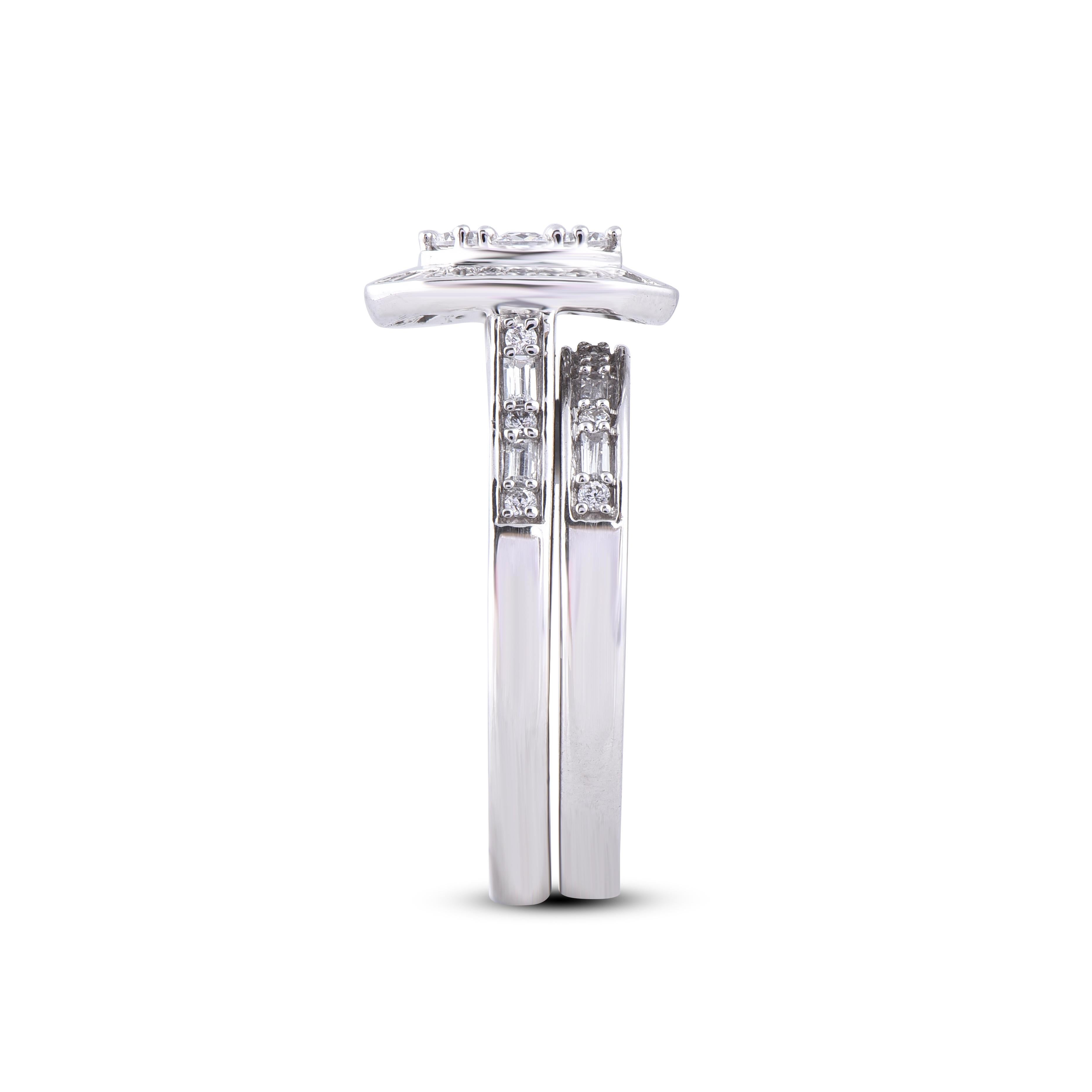 Round Cut TJD 1 Carat Round, Baguette & Princess Diamond 14 Karat White Gold Fashion Ring For Sale