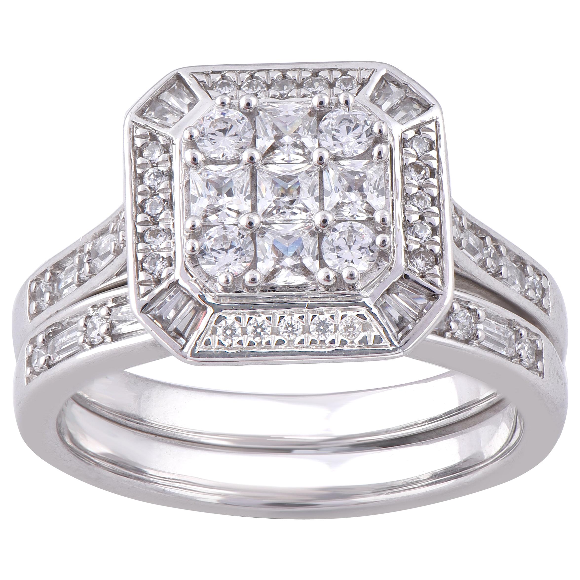 TJD 1 Carat Round, Baguette & Princess Diamond 14 Karat White Gold Fashion Ring
