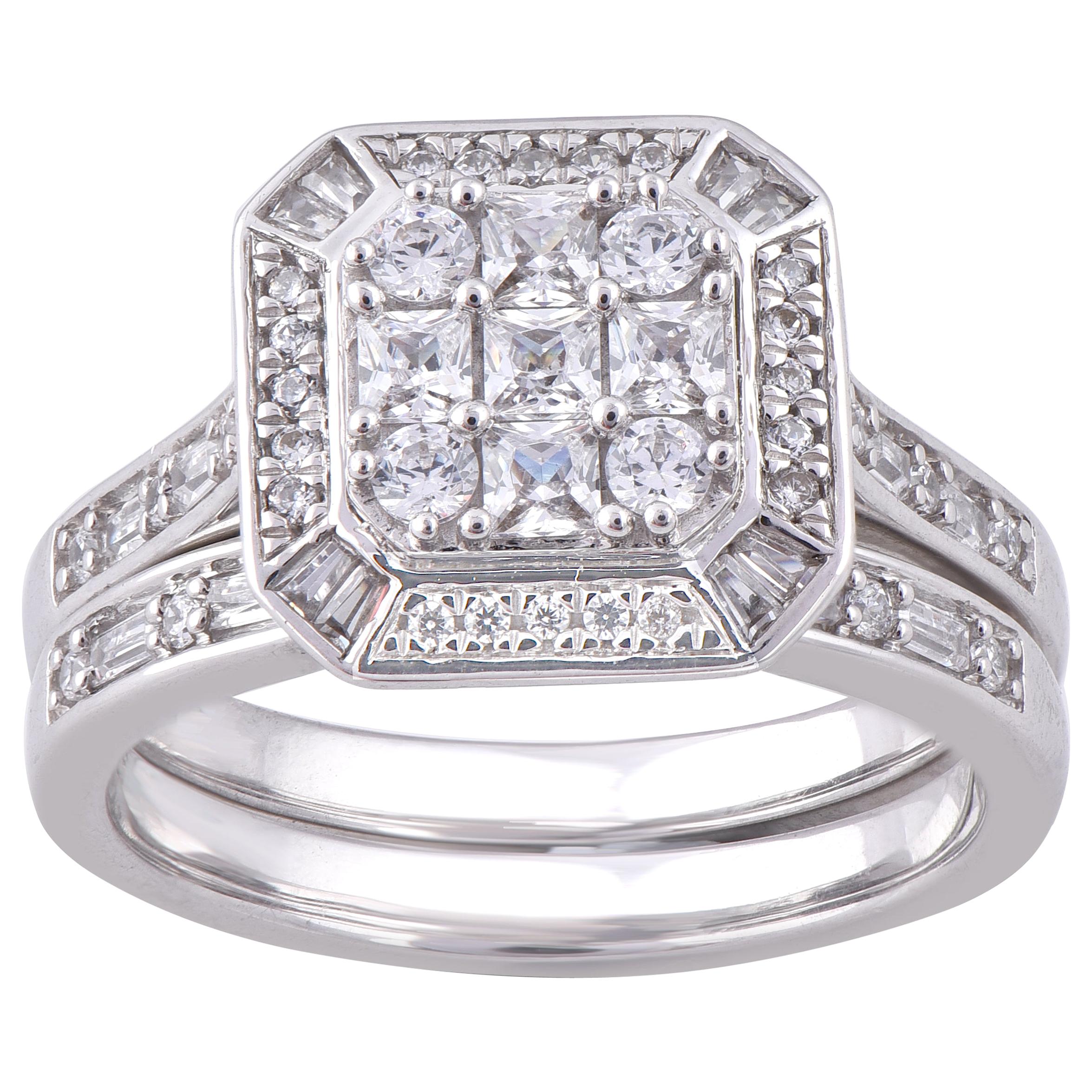 TJD 1 Carat Round, Baguette 
Princess Diamond 14 Karat White Gold Fashion Ring For Sale