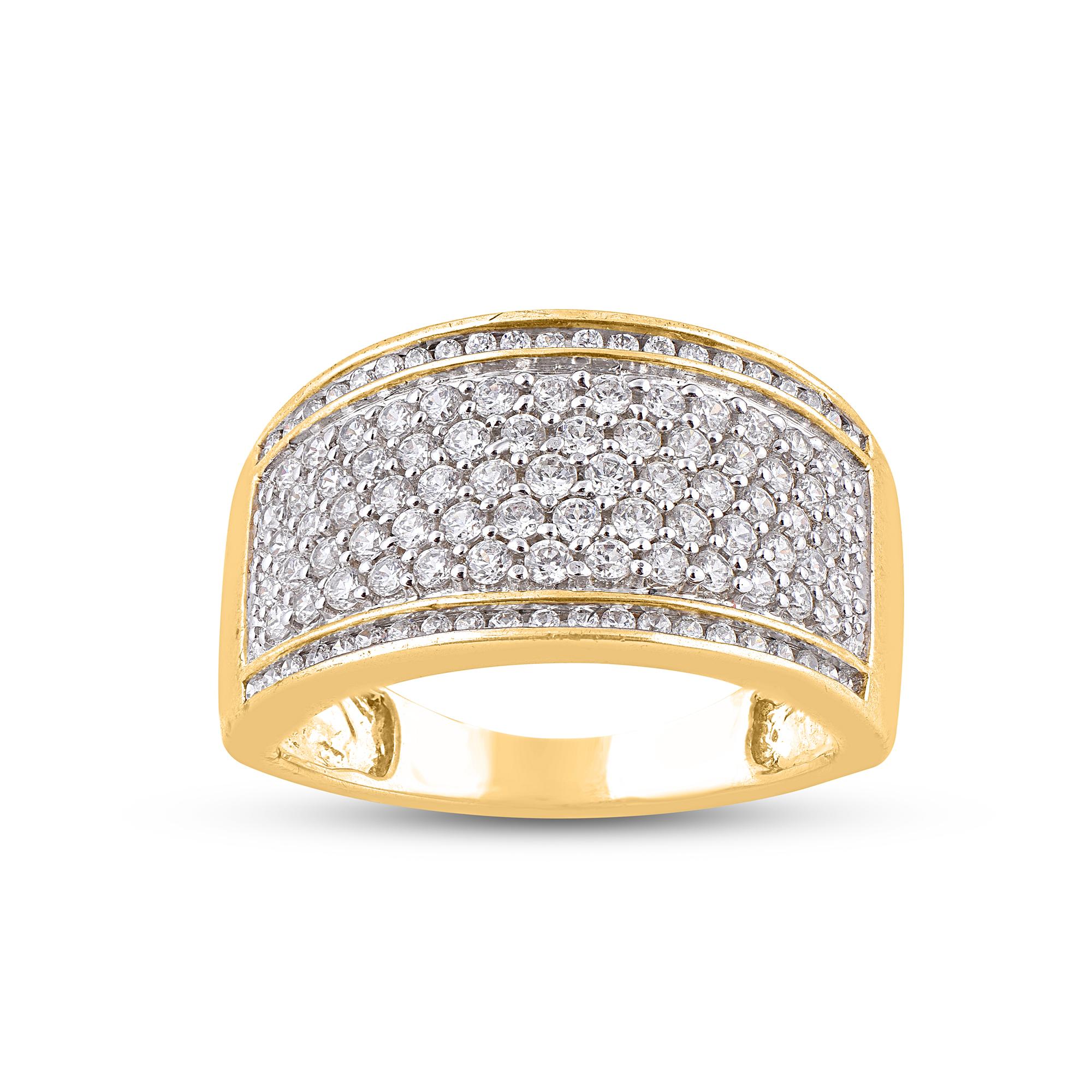 Round Natural Diamond Multi row Anniversary Band adds a touch to sophistication to your style with this 14 Karat Yellow Gold. This ring features 1.00 Carat of 109 Round White Diamonds set in channel and pave setting, H-I color I2 clarity in a