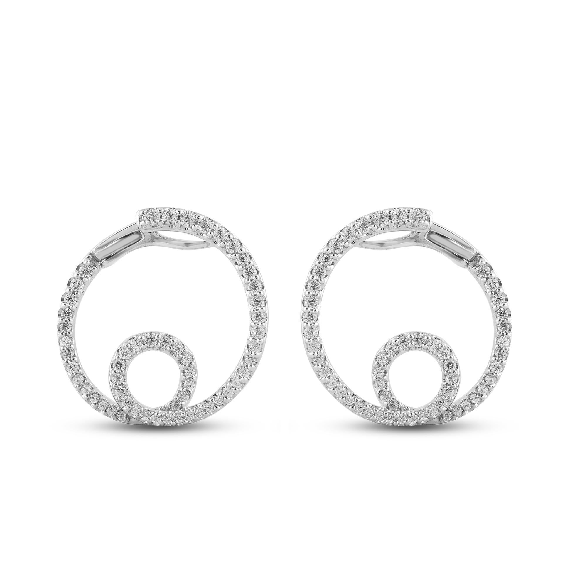 Top of your favorite look with this stunning diamond stud earrings. The earrings is crafted from 14 karat white gold and features 108 round diamond set in Prong setting, it shines brightly in H-I color I2 clarity. A high polish finish complete the