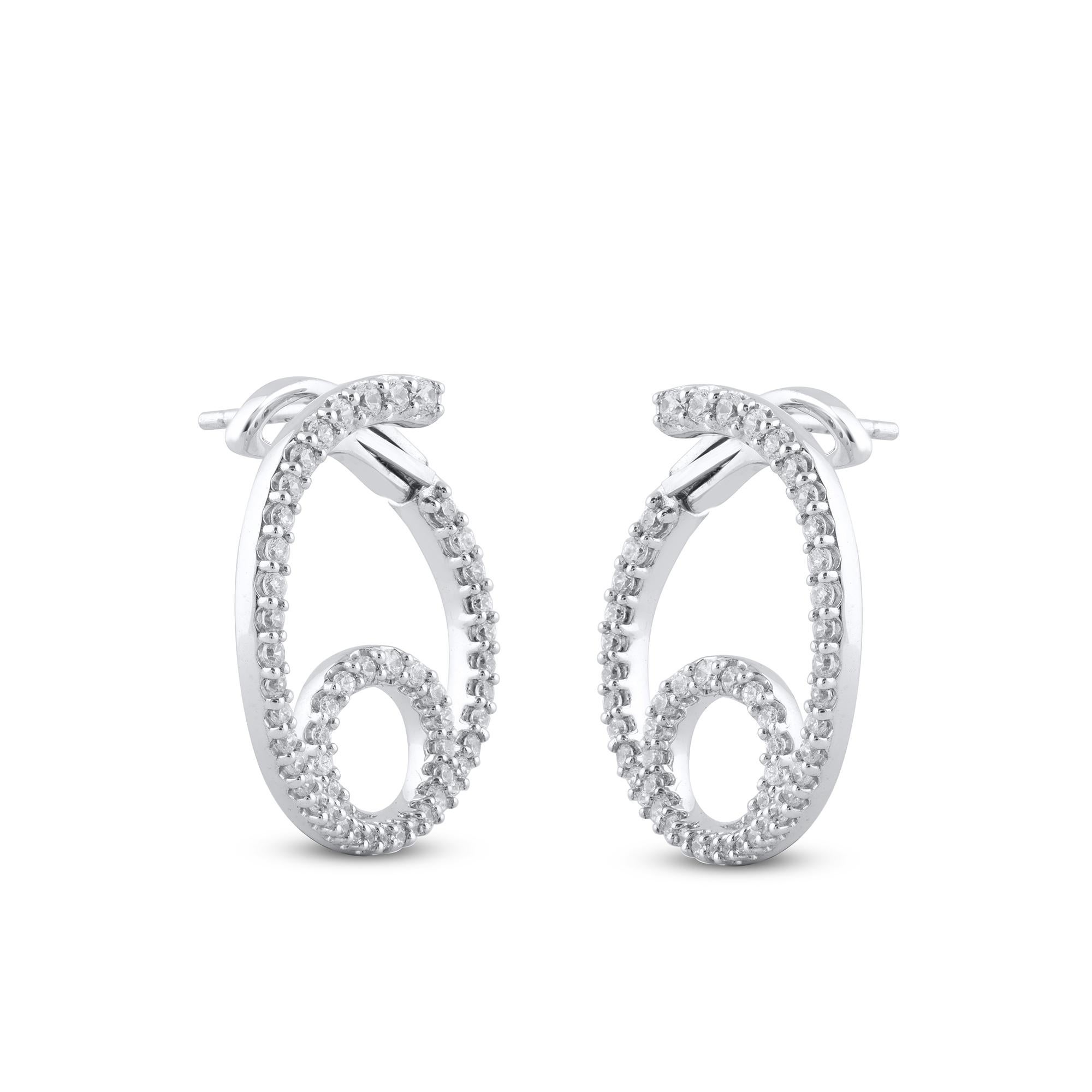 Round Cut TJD 1 Carat Round Diamond 14 Karat White Gold Open Twisted Circle Stud Earrings For Sale