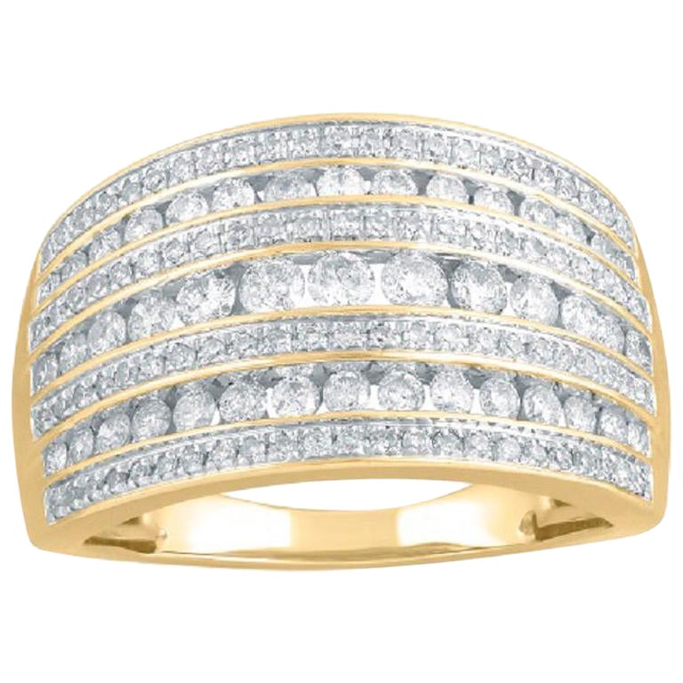 TJD 1 Carat Round Diamond 14 Karat Yellow Gold Graduated Multi-Row Wedding Band