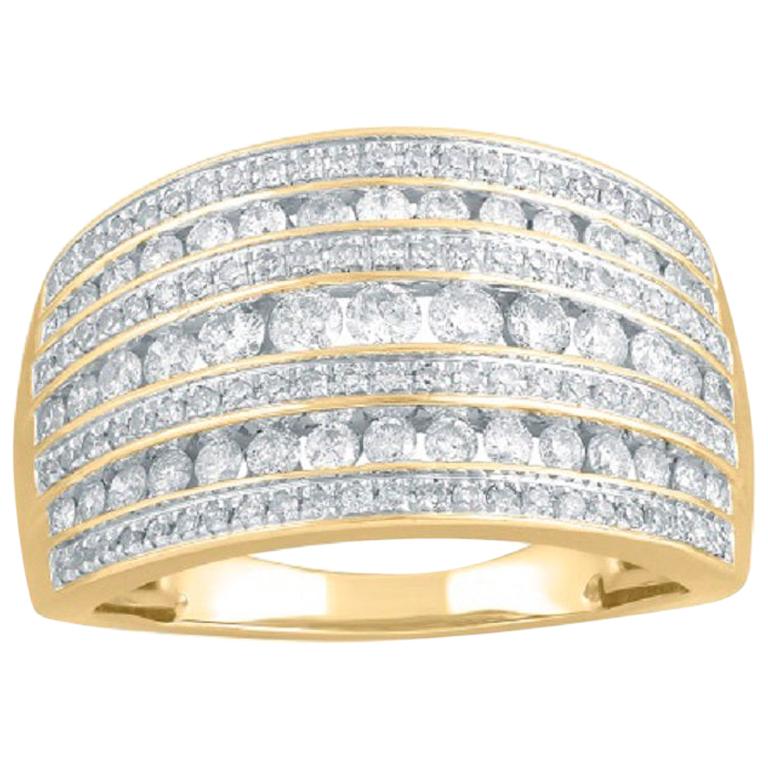 TJD 1 Carat Round Diamond 14 Karat Yellow Gold Graduated Multi-Row Wedding Band For Sale