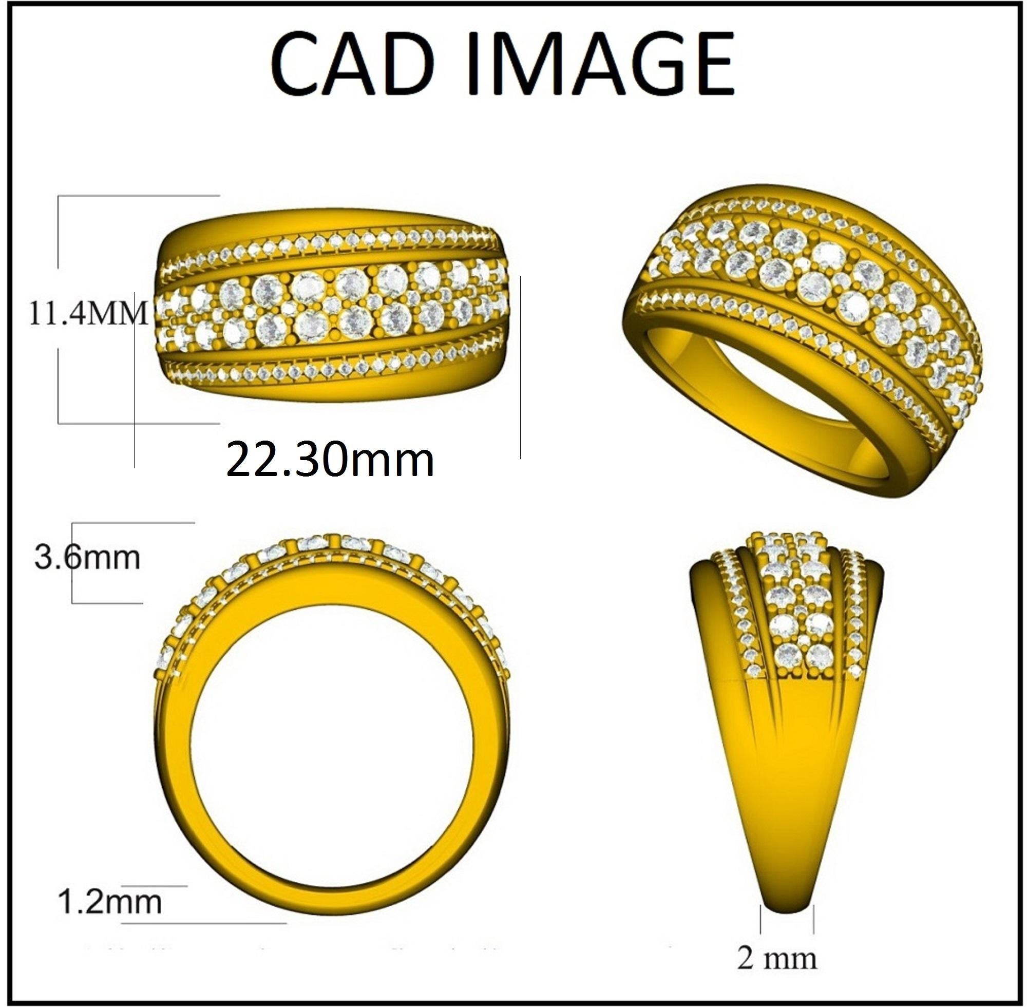 Bold and classic, these diamond multi row wedding band are a jewelry box must-have. Crafted in cool 14 karat yellow gold and studded with 87 round diamond set in prong and micro prong setting and shines in H-I color I2 clarity. The band captivate
