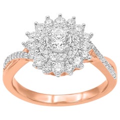 TJD 1 Carat Round Diamond 14K Rose Gold Twisted Shank Floral Halo Wedding Ring