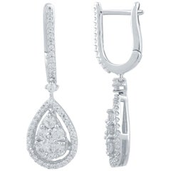 TJD 1 Carat Round Diamond 14K White Gold Pear Shaped Drop Hoop Huggie Earrings