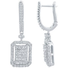 TJD 1 Carat Round Diamond 14K White Gold Rectangle Drop Hoop Huggie Earrings