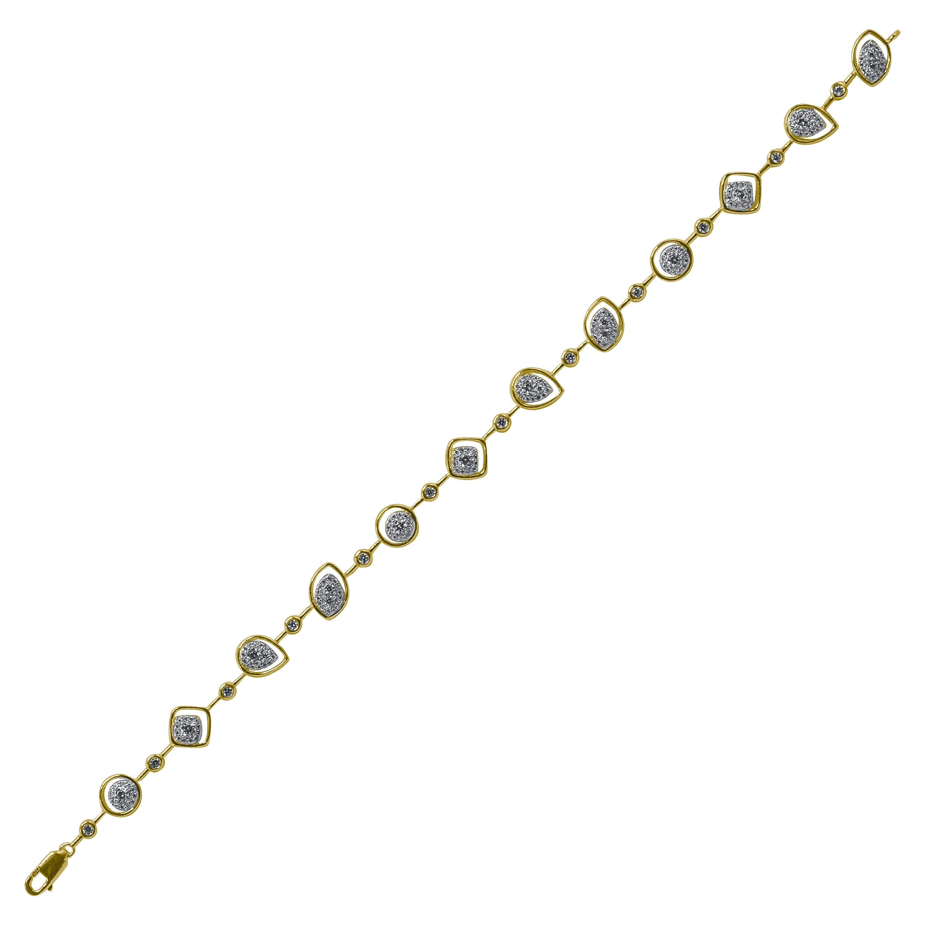 TJD 1 Carat Round Diamond 14K Yellow Gold Multi Frame Cluster Diamond Bracelet For Sale