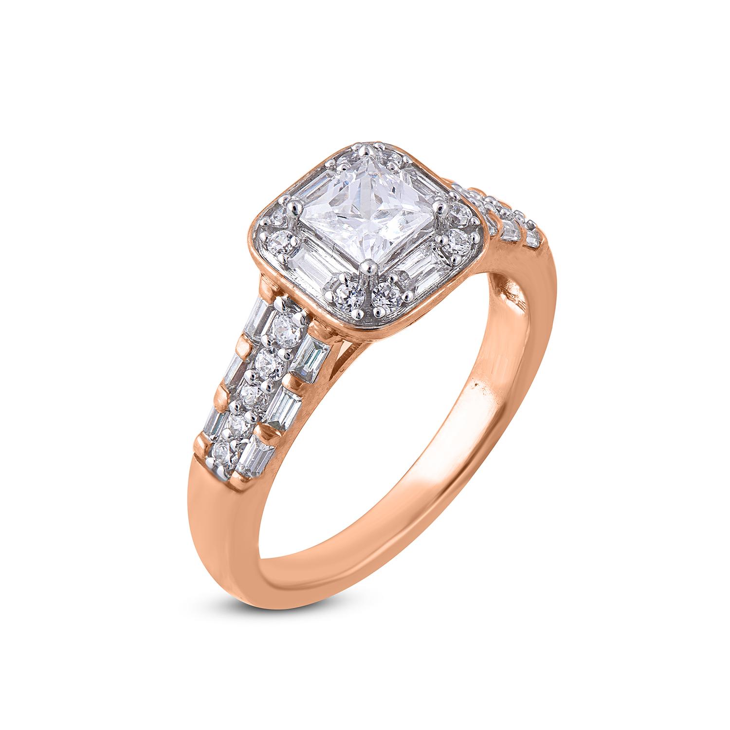 Validate your love and affection with this remarkable diamond engagement ring is expertly crafted in 18 Karat Rose Gold and features 0.55ct center stone and 0.45 ct of diamond on frame and shank with prong setting and glitter in 18 round diamond 16