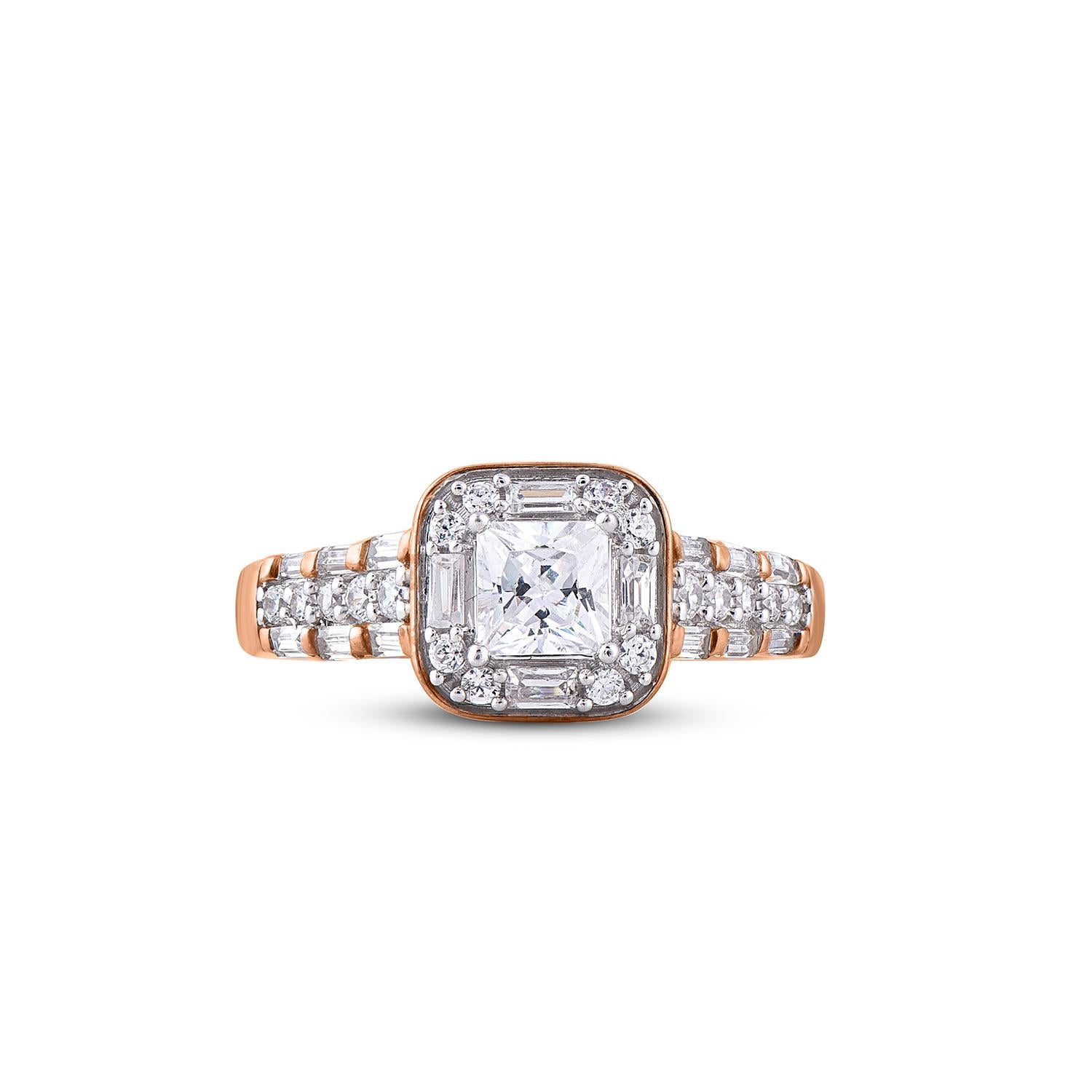 Contemporary TJD 1 CT Princess/Baguette & Round Diamond 18 Karat Rose Gold Engagement Ring For Sale