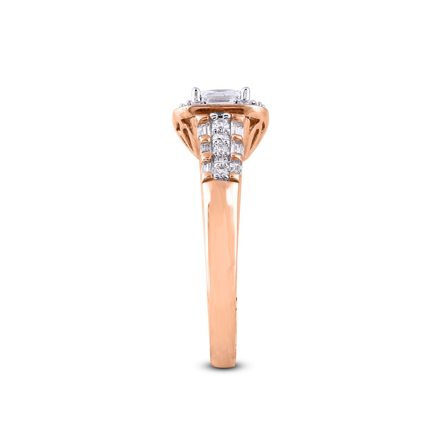 Round Cut TJD 1 CT Princess/Baguette & Round Diamond 18 Karat Rose Gold Engagement Ring For Sale