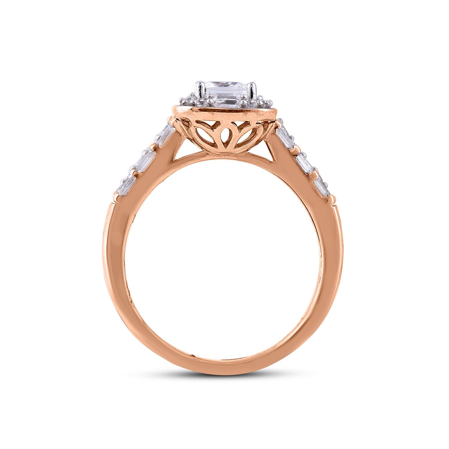 TJD 1 CT Princess/Baguette & Round Diamond 18 Karat Rose Gold Engagement Ring In New Condition For Sale In New York, NY