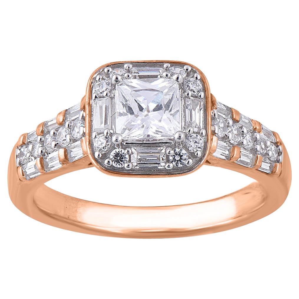 TJD 1 Ct Princess/Baguette & Round Diamond 18 Karat Yellow Gold Engagement Ring For Sale