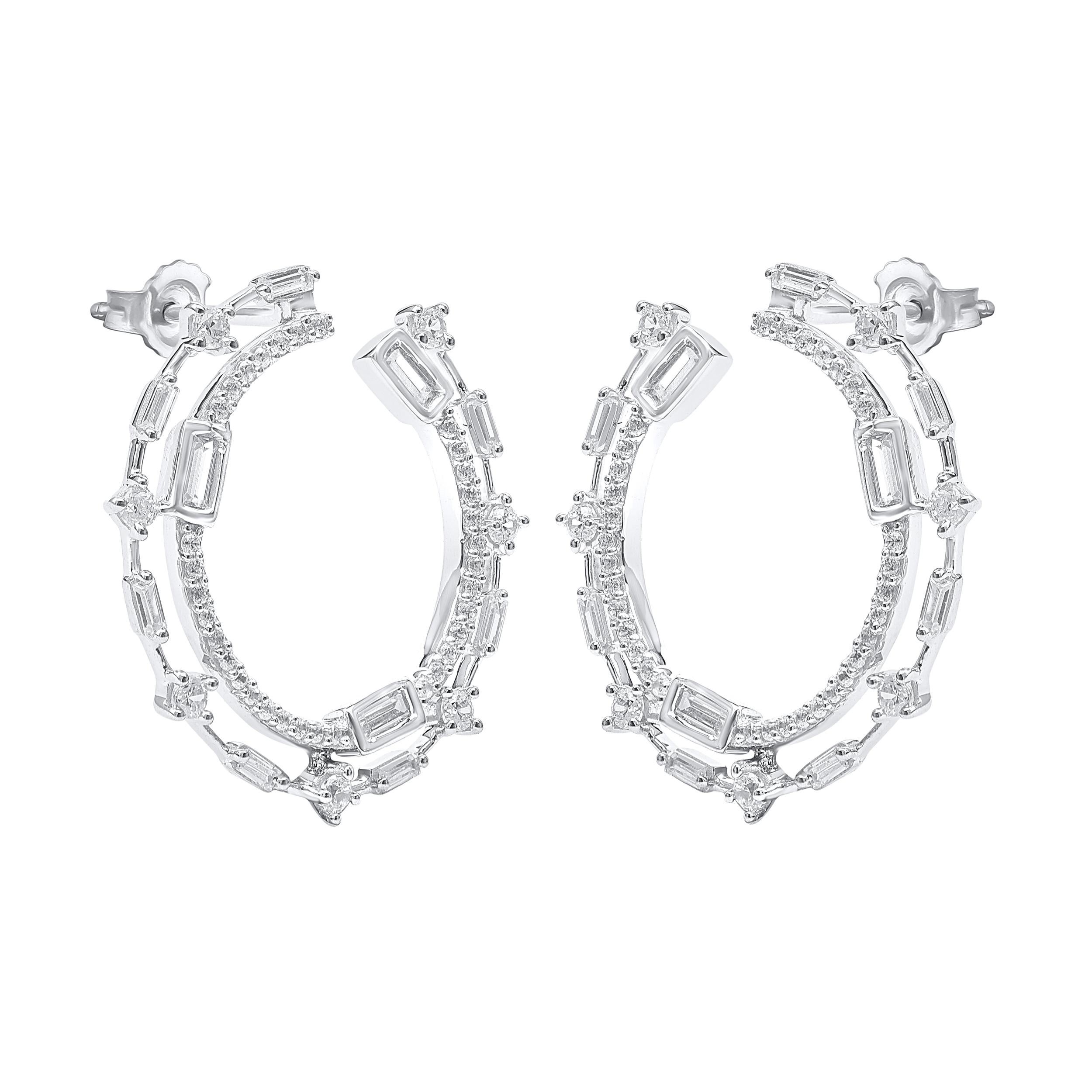 Moderno TJD Orecchini con diamanti tondi e baguette da 1 carato in oro bianco 14 carati con doppia fila di diamanti in vendita