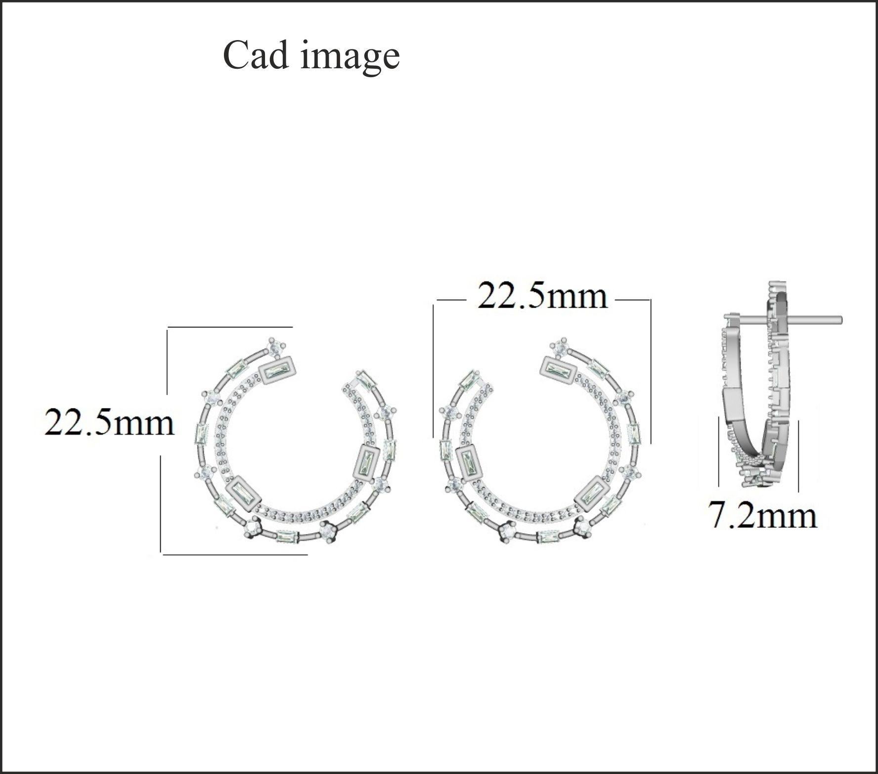 TJD Orecchini con diamanti tondi e baguette da 1 carato in oro bianco 14 carati con doppia fila di diamanti In condizioni Nuovo in vendita a New York, NY