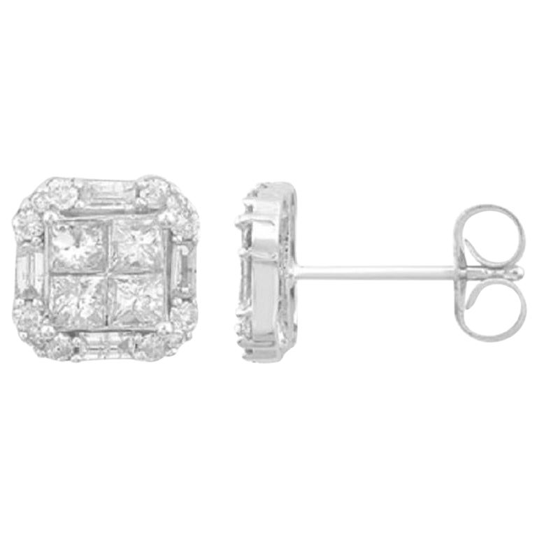 TJD 1 Ct Round/Baguette/Princess Cut 14k White gold Cushion Frame Stud Earrings