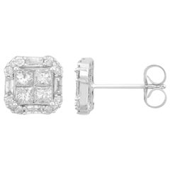TJD 1 Ct Round/Baguette/Princess Cut 14k White gold Cushion Frame Stud Earrings