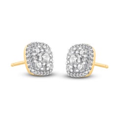 TJD 1.00 Carat Round Diamond Cushion Halo Cluster Stud Earrings 18K Yellow Gold