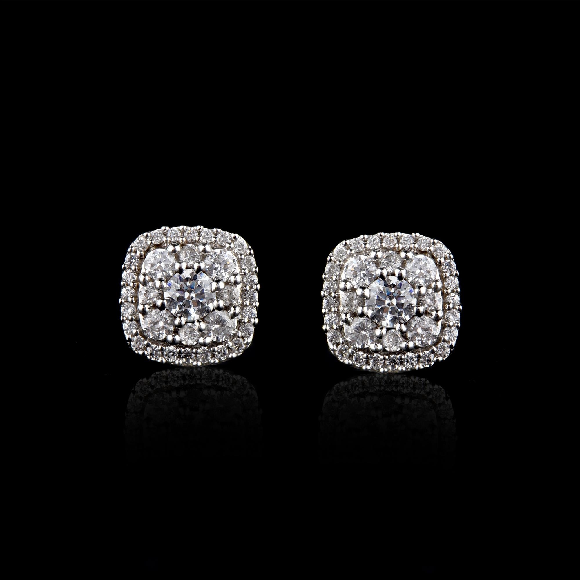 Art déco TJD 1 ct diamant rond en or jaune 18KT Halo Cushion Shape Cluster Earring en vente