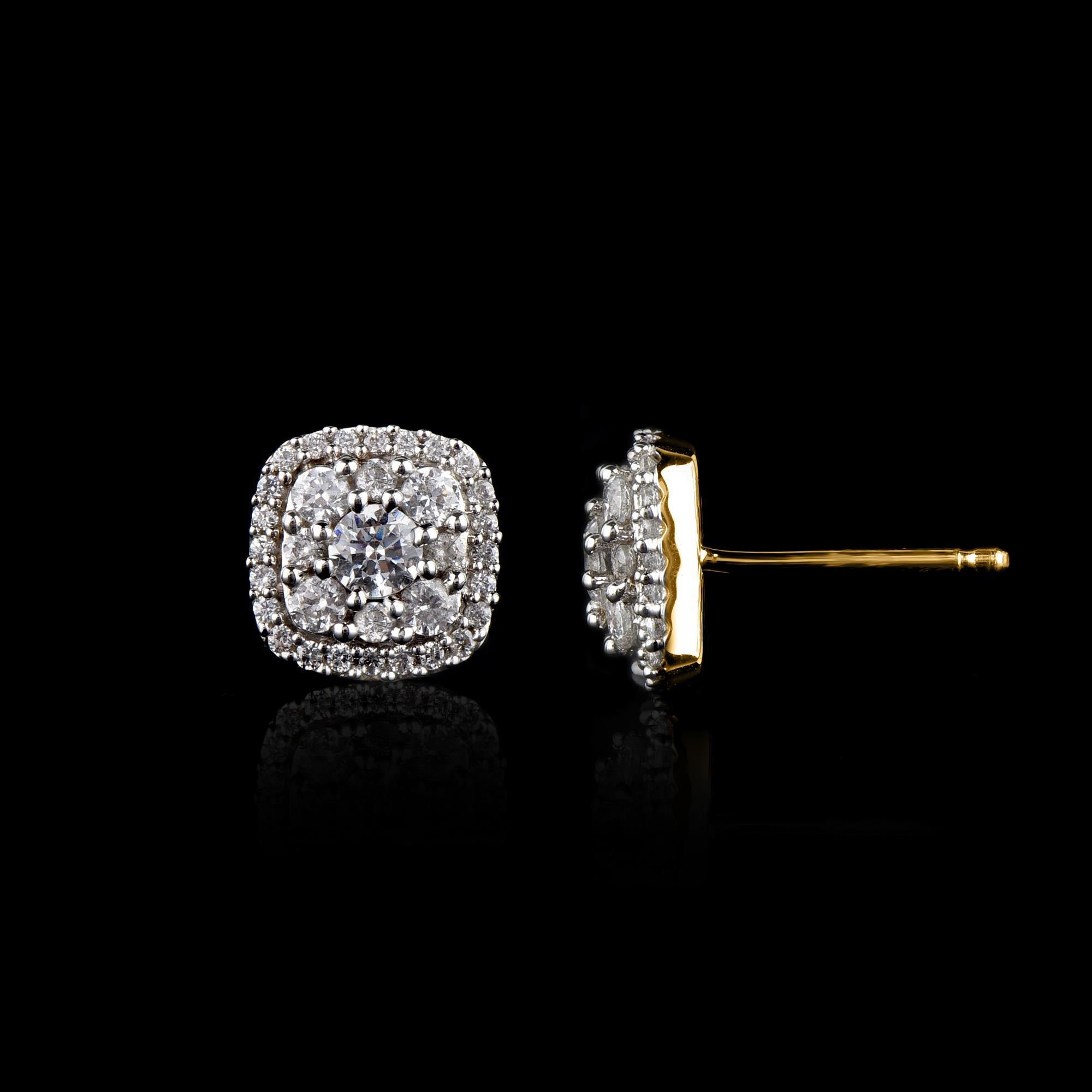Taille ronde TJD 1 ct diamant rond en or jaune 18KT Halo Cushion Shape Cluster Earring en vente