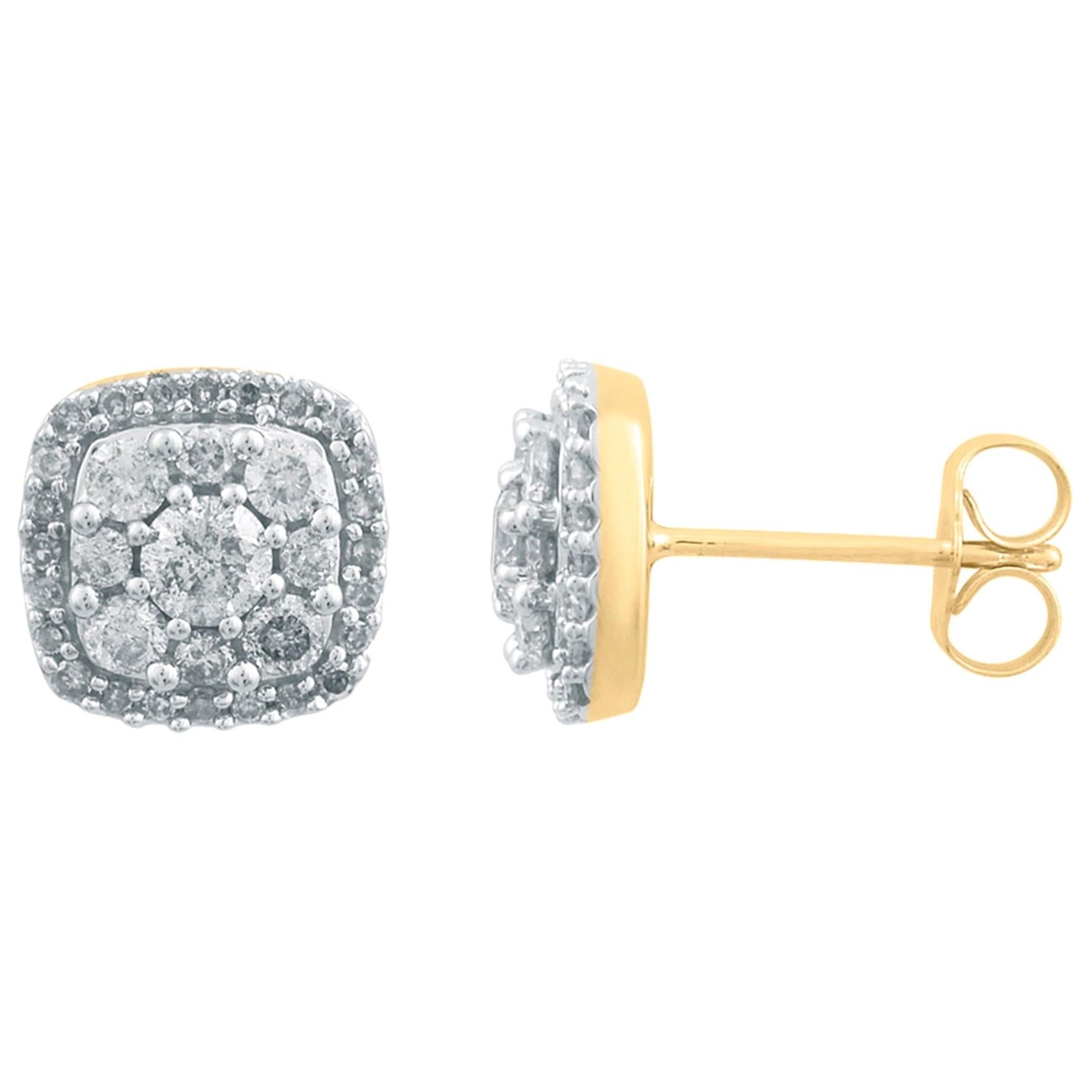 TJD 1 Ct Round Diamond 18KT Yellow Gold Halo Cushion Shape Cluster Stud Earring